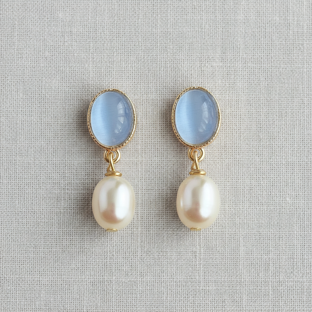 Glass Cat Eye and Pearl Stud Earrings